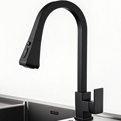 Elegant Black Minimalist Style Pull Down Kitchen Faucet  Brass Body